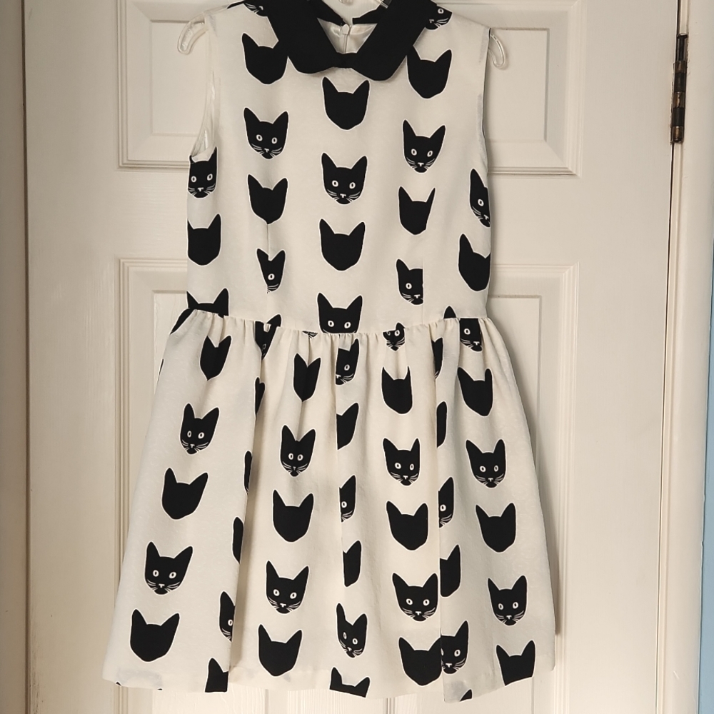 Ivory and Black Cat Print Dress by Marvelous Size Small